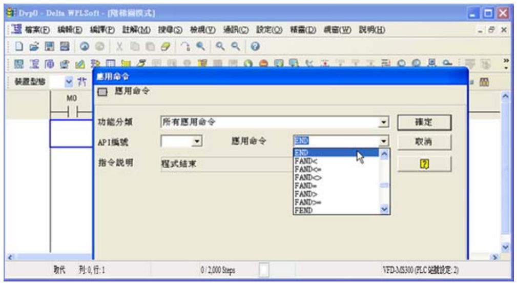5. 點選應用命令圖示 或按功能鍵 F6，在功能分類字段中點選「所有應用命令」，在應用命令下 拉選單中點選 END 指令或于該字段直接鍵盤鍵入“END”后按下確定鈕。